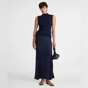Madewell Navy Satin Slip Skirt with Slit